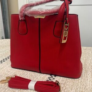 Red Pebbled Leather Tote Satchel Gold Hardware Detachable Strap NWT